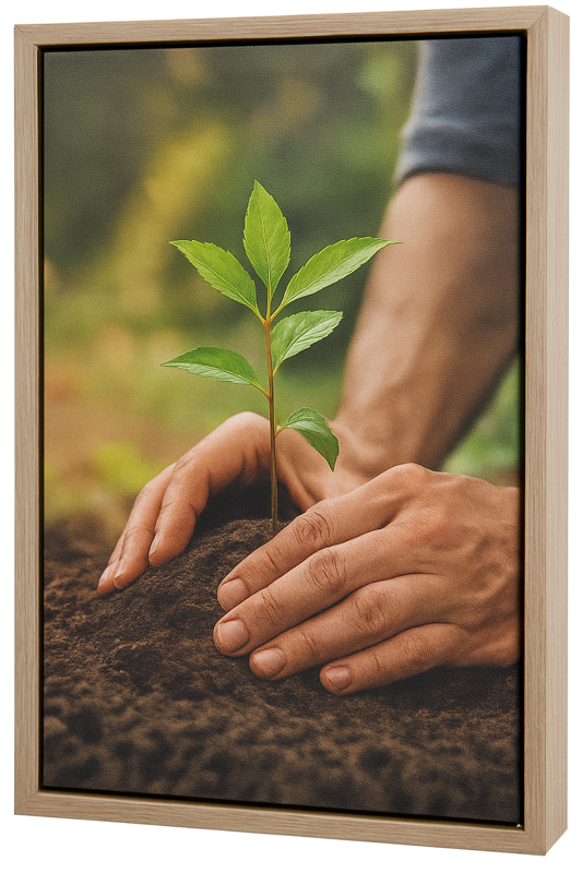 Hands planting a young green seedling in soil, framed artwork by Sasa Delic